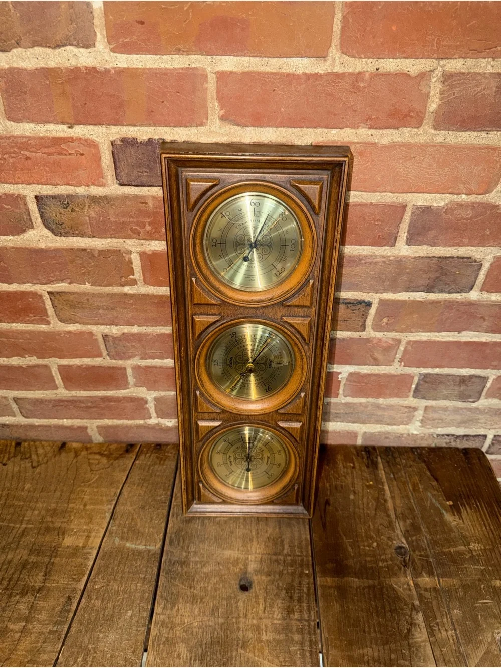 Springfield Weather Station Wood Wall Barometer Thermometer Hygrometer 70s Vtg